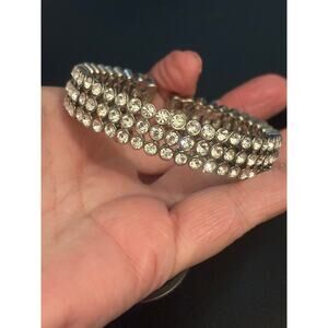 Vintage Carol Lee Cup Set Rhinestone Cuff Bracelet Silver Tone Sz 6.75"